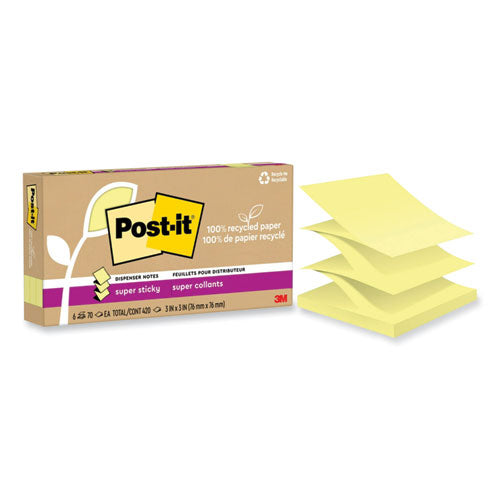 Post-it Notes Super Sticky 100% Recycled Paper Super Sticky Notes, 3" x 3", Canary Yellow, 70 Sheets/Pad, 6 Pads/Pack
