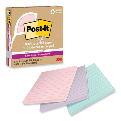Post-it Notes Super Sticky 100% Recycled Paper Super Sticky Notes, Ruled, 4" x 4", Wanderlust Pastels, 70 Sheets/Pad, 3 Pads/Pack