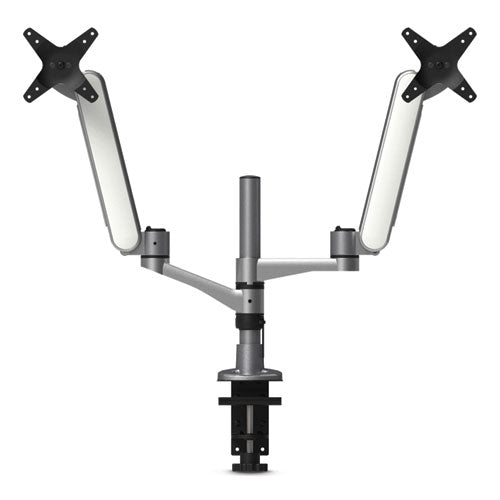 Kantek Multi-Directional Dual Monitor Arm, For 30" Monitors, 360 Deg Rotation, 105 Deg Tilt, 360 Deg Pan, Silver/WH, Supports 20 lbs