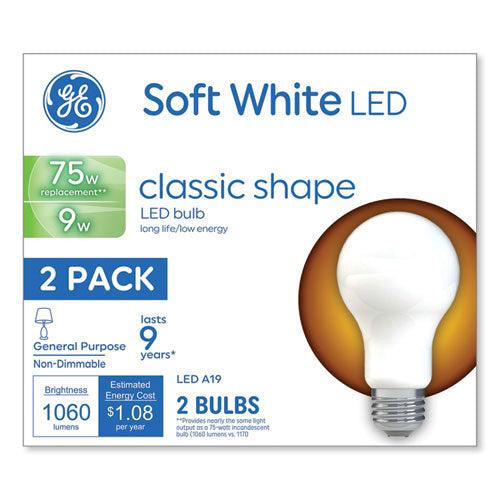 GE Classic LED SW Non-Dim A19 Light Bulb, 9 W, Soft White, 2/Pack