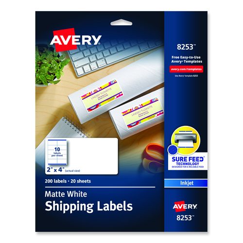 Avery Vibrant Inkjet Color-Print Labels w/ Sure Feed, 2 x 4, Matte White, 200/PK