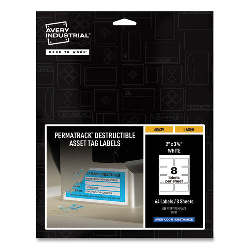 Avery PermaTrack Destructible Asset Tag Labels, Laser Printers, 2 x 3.75, White, 8/Sheet, 8 Sheets/Pack