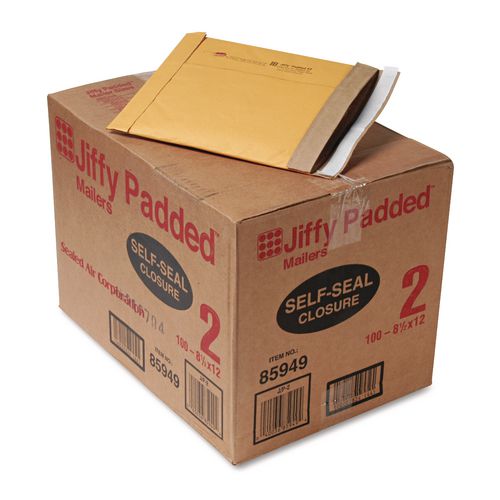 Sealed Air Jiffy Padded Mailer, #2, Paper Padding, Self-Adhesive Closure, 8.5 x 12, Natural Kraft, 100/Carton