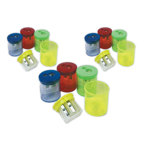 TPG Creations Eisen Pencil Sharpeners, Two-Hole, 1.5 x 1.75, Assorted Colors, 12/Pack