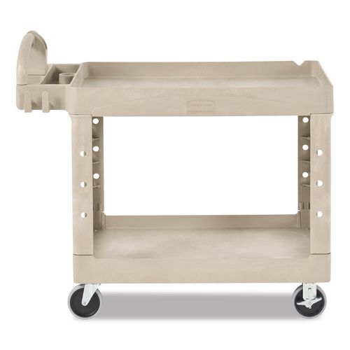 Rubbermaid Commercial BRUTE Heavy-Duty Utility Cart with Lipped Shelves, Plastic, 2 Shelves, 500 lb Capacity, 17.13" x 38.5" x 38.88", Beige