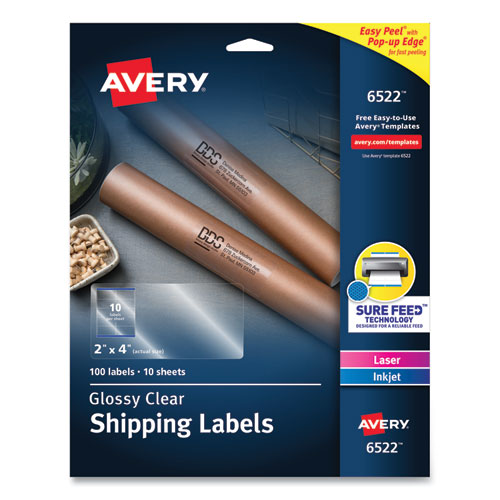 Avery Glossy Clear Easy Peel Mailing Labels w/ Sure Feed Technology, Inkjet/Laser Printers, 2 x 4, Clear, 10/Sheet, 10 Sheets/Pack