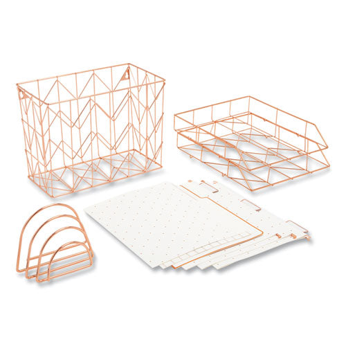 U Brands Letter-Size Desktop Fashion Filing Set, Rose Gold, (1) Rack, (3) Hanging Folders, (3) File Folders, (2) Trays,(1) Mail Sorter
