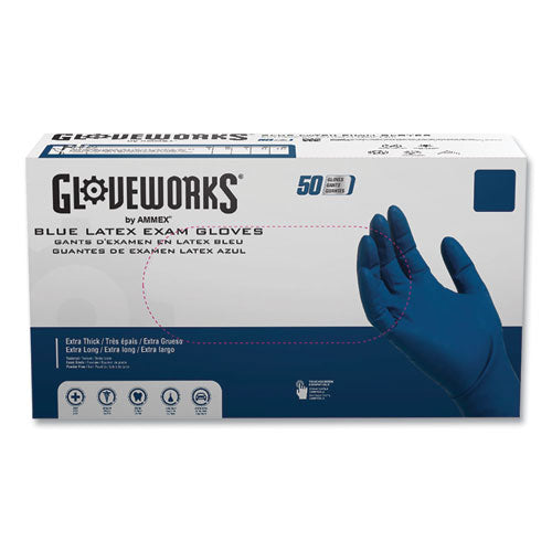 GloveWorks by AMMEX Latex Exam Gloves, Powder-Free, Medium, 13 mil Thick, 11.6" Long, Blue, 50/Box, 10 Boxes/Carton