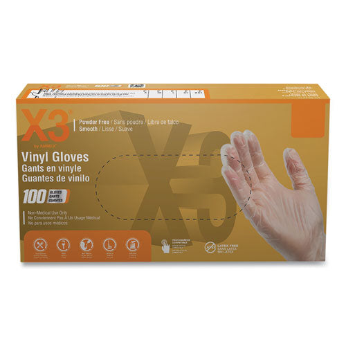 X3 by AMMEX Industrial Vinyl Gloves, Powder-Free, 3 mil Thick, 9.5" Long, Clear, 100/Box, 10 Boxes/Carton