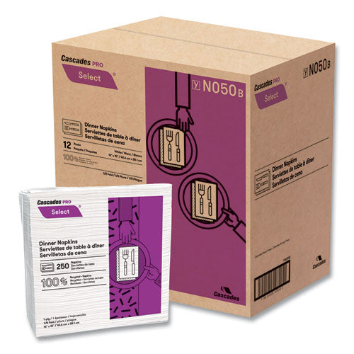 Cascades PRO Select Dinner Napkins, 1-Ply, 16 x 15, White, 250/Pack, 12/Carton