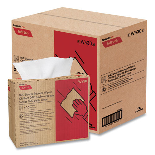 Cascades PRO Tuff-Job Double Recrepe Wipers, 9.75 x 16.5, White, 100/Box, 8 Box/Carton