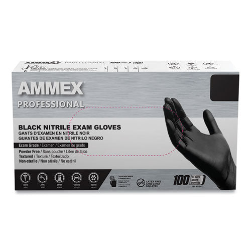 AMMEX Professional Nitrile Exam Gloves, Powder-Free, Large, 3 mil Thick, 9.5" Long, Black, 100/Box, 10 Boxes/Carton