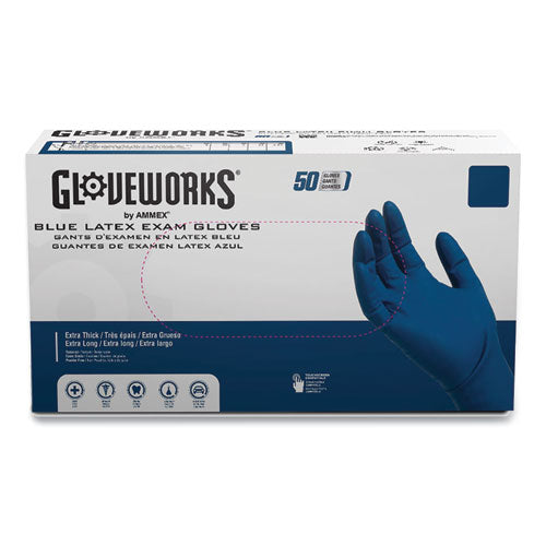 GloveWorks by AMMEX Latex Exam Gloves, Powder-Free, X-Large, 13 mil Thick, 11.6" Long, Blue, 50/Box, 10 Boxes/Carton
