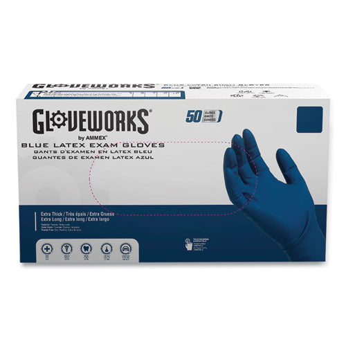 GloveWorks by AMMEX Latex Exam Gloves, Powder-Free, Large, 13 mil Thick, 11.6" Long, Blue, 50/Box, 10 Boxes/Carton