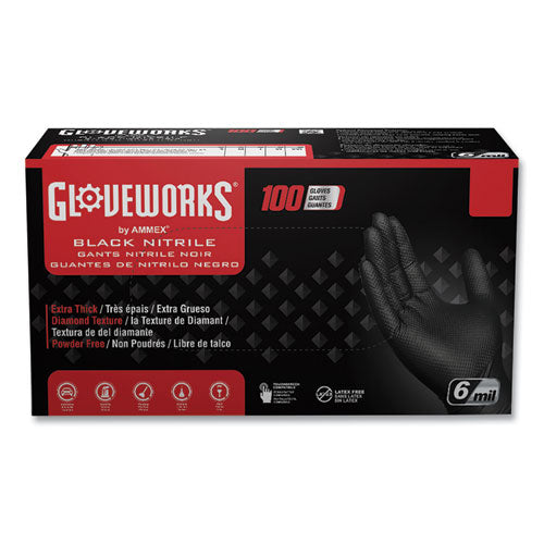 GloveWorks by AMMEX Heavy-Duty Industrial Nitrile Gloves, Powder-Free, 6 mil Thick, 9.5" Long, Black, 100/Box, 10 Boxes/Carton