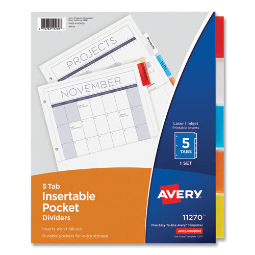 Avery Insertable Dividers w/Single Pockets, 5-Tab, 11.25 x 9.13, White, 1 Set
