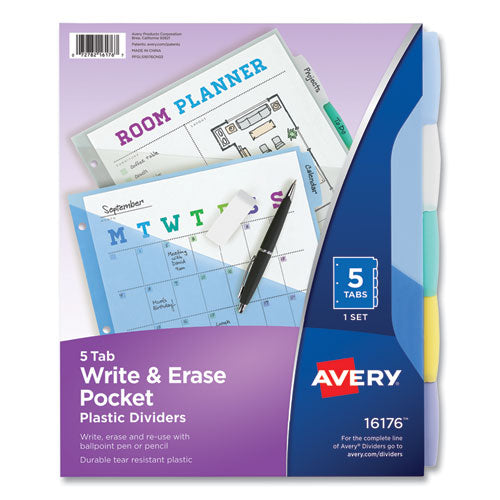 Avery Write and Erase Durable Plastic Dividers with Slash Pocket, 3-Hold Punched, 5-Tab, 11.13 x 9.25, Assorted, 1 Set