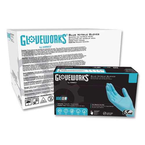 GloveWorks by AMMEX Industrial Nitrile Gloves, Powder-Free, 5 mil (Palm), 6 mil (Fingers), 9.5" Long, Blue, 100/Box, 10 Boxes/Carton