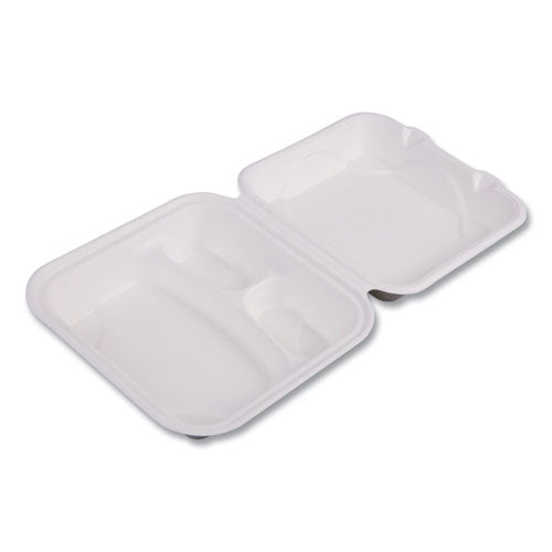 Eco-Products Vanguard Renewable and Compostable Sugarcane Clamshells, 3 Compartments, 8 x 8 x 3, White, 200/Carton