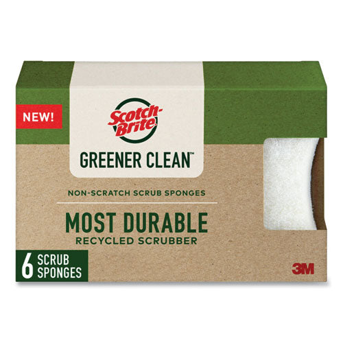 Scotch-Brite Greener Clean Non-Scratch Scrub Sponge, 2.6 x 3.3, 0.7" Thick, White, 6/Pack