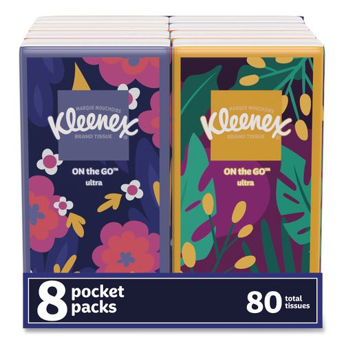 Kleenex On The Go Packs Facial Tissues, 3-Ply, White, 10 Sheets/Pouch, 8 Pouches/Pack