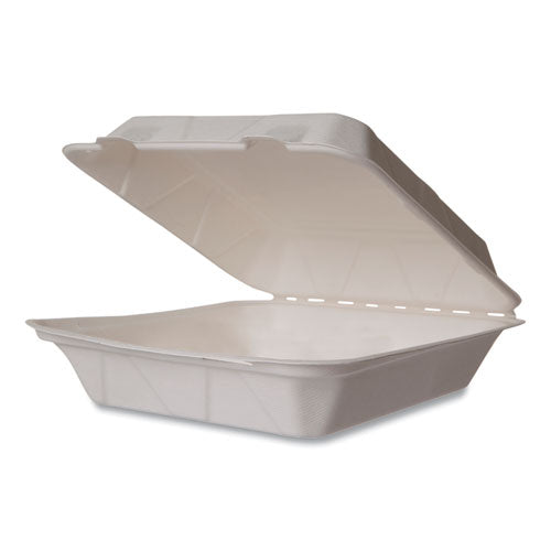 Vegware White Molded Fiber Clamshell Containers, Compostable, 9 x 9 x 3, White, Sugarcane, 200/Carton