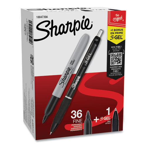 Sharpie Fine Tip Permanent Marker Value Pack with (1) Bonus S-Gel 0.7 mm Black Ink Pen, Fine Bullet Tip Markers, Black Ink, 36/Pack