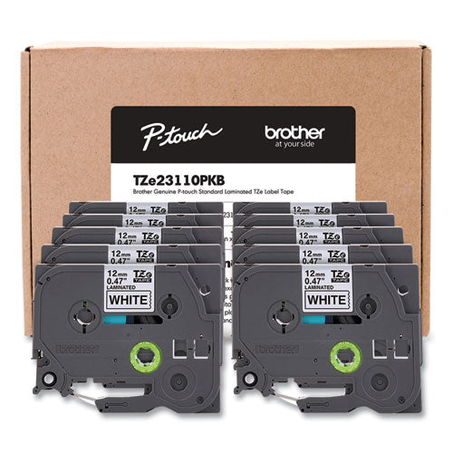 Brother P-Touch TZe Series Standard Adhesive Laminated Labeling Tape, 0.5", Black on White, 10/Pack