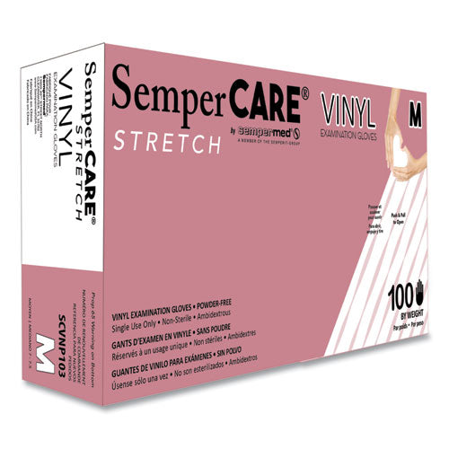 SemperCare Stretch Vinyl Examination Gloves, Powder-Free, Medium, 5 mil Thick, 9.45" Long, Cream, 100/Box