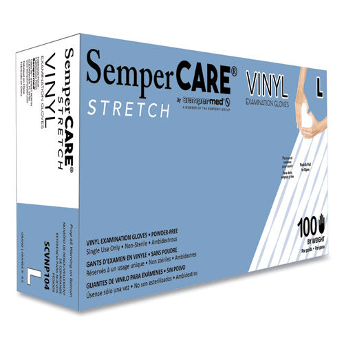 SemperCare Stretch Vinyl Examination Gloves, Powder-Free, Large, 5 mil Thick, 9.45" Long, Cream, 100/Box, 10 Boxes/Carton