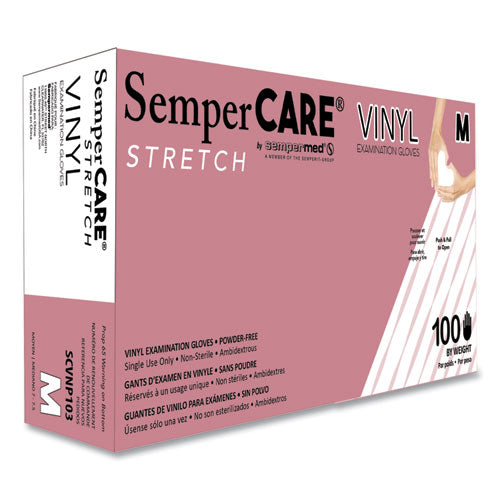 SemperCare Stretch Vinyl Examination Gloves, Powder-Free, Medium, 5 mil Thick, 9.45" Long, Cream, 100/Box, 10 Boxes/Carton