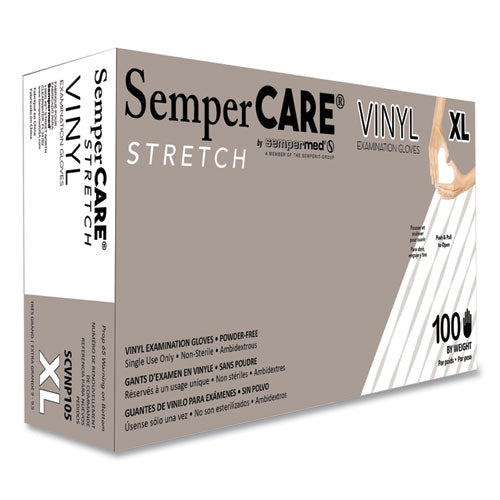 SemperCare Stretch Vinyl Examination Gloves, Powder-Free, X-Large, 5 mil Thick, 9.45" Long, Cream, 100/Box
