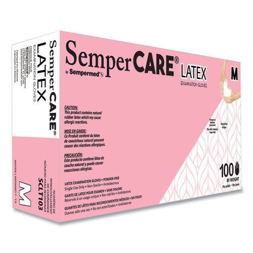 SemperCare Latex Examination Gloves, Powder-Free, Medium, 5 mil Thick, 9.45" Long, Cream, 100/Box, 10 Boxes/Carton
