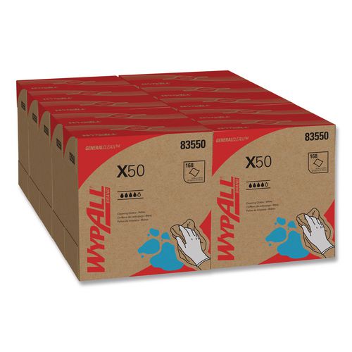 WypAll X50 Cloths, POP-UP Box, 12.5 x 9.1, White, 168/Box, 10 Boxes/Carton
