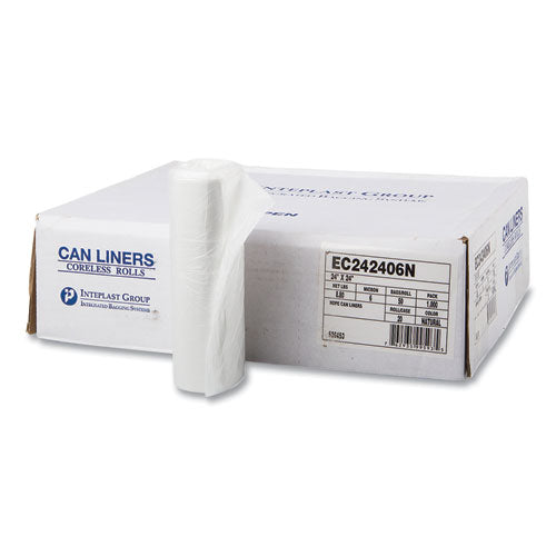 Inteplast Group High-Density Commercial Can Liners, 10 gal, 6 mic, 24" x 24", Natural, Perforated Roll, 50 Bags/Roll, 20 Rolls/Carton