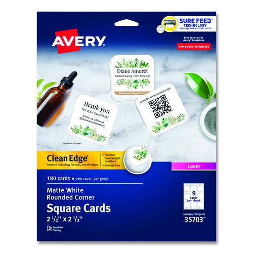 Avery Square Clean Edge Cards with Sure Feed Technology, Laser, 2.5 x 2.5, White, 9 Cards/Sheet, 20 Sheets/Pack