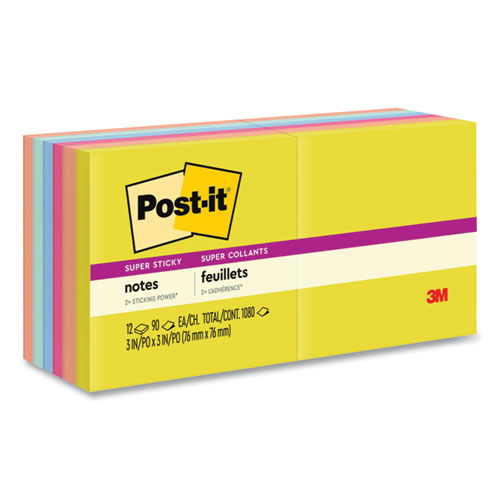 Post-it Notes Super Sticky Note Pads in Summer Joy Collection Colors, 3" x 3", Summer Joy Collection Colors, 90 Sheets/Pad, 12 Pads/Pack