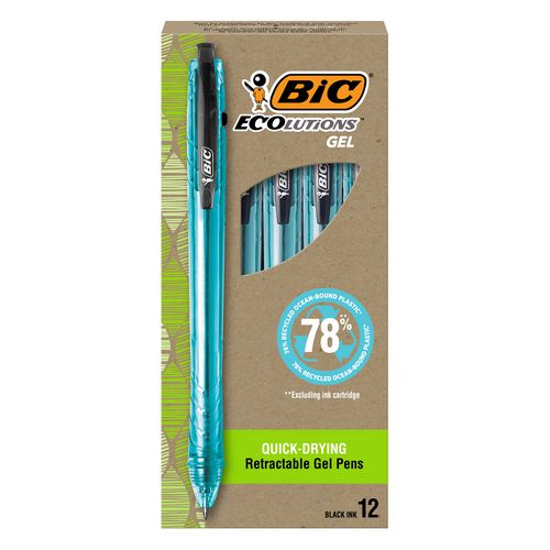 BIC Ecolutions Gel Pen, Retractable, Medium 1 mm, Black Ink, Blue Barrel, Dozen