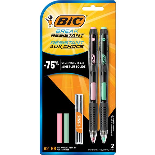 BIC Break-Resistant Mechanical Pencils with Erasers, 0.7 mm, HB (#2), Black Lead, Green and Pink Barrel Colors, 2/Pack