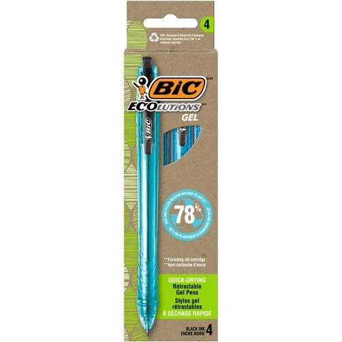 BIC Ecolutions Gel Pen, Retractable, Medium 1 mm, Black Ink, Blue Barrel, 4/Pack