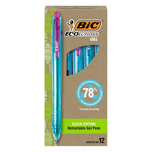 BIC Ecolutions Gel Pen, Retractable, Medium 1 mm, Assorted Ink Colors, Blue Barrel, Dozen