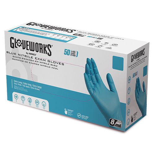 GloveWorks by AMMEX Blue Nitrile Exam Gloves, Powder-Free, Medium, 8 mil Thick, 11.6" Long, Blue, 50/Box, 10 Boxes/Carton