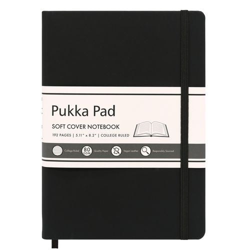 PUKKA PAD Soft Cover Notebook, College Rule, Black Cover, (96) 8.2 x 5.11 Sheets