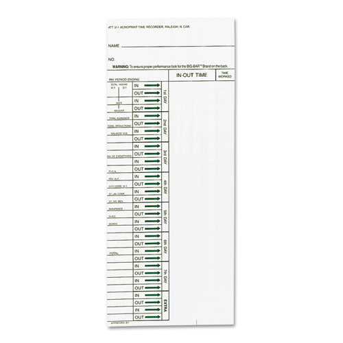 Acroprint Time Clock Cards for Acroprint ATT310, One Side, 4 x 10, 200/Pack