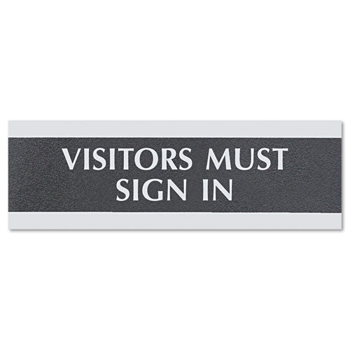 Headline Sign Century Series Office Sign, VISITORS MUST SIGN IN, 9 x 3, Black/Silver