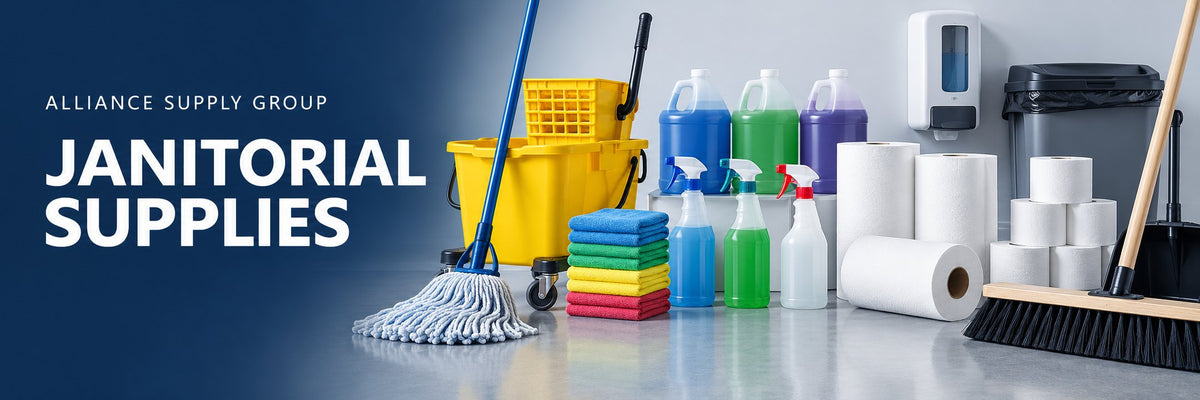 Janitorial supplies — mops, buckets, cleaners, paper towels and microfiber