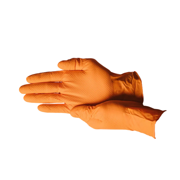 Orange Nitrile Gloves, 8 Mil Heavy-Duty Industrial Disposable Gloves – High-Visibility, Diamond Grip Texture | First Glove